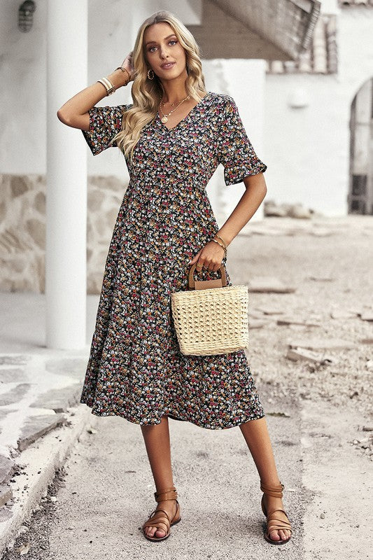 Boho Floral Ruffle Hem V Neck Short Sleeve Dress