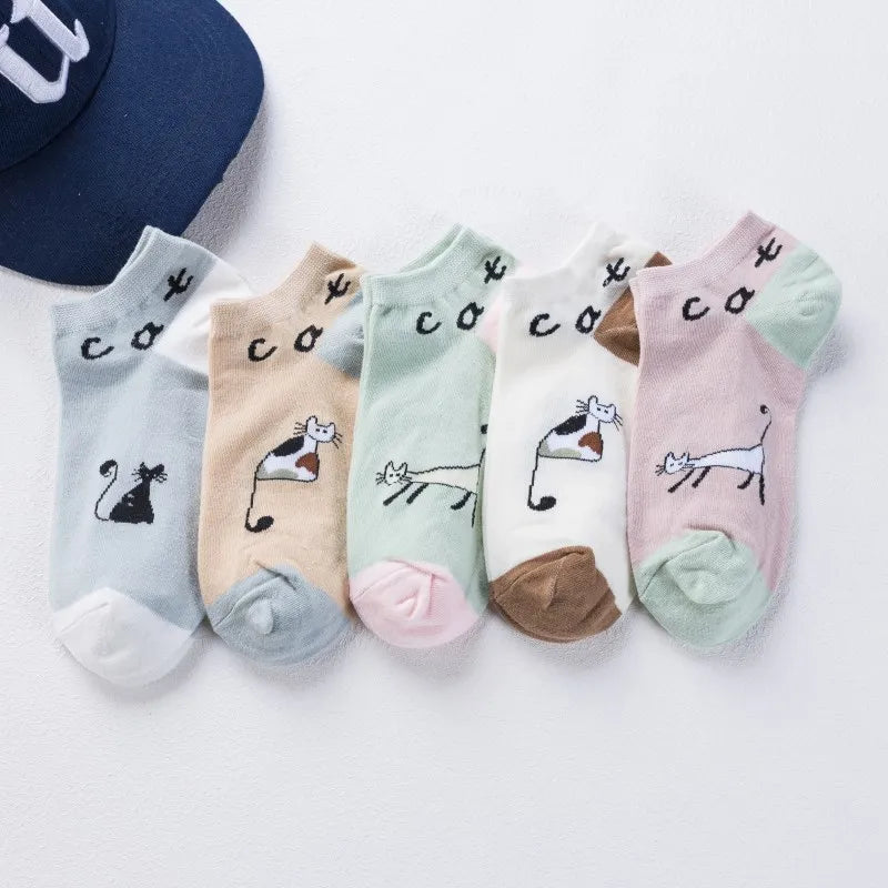 5 Pairs Women Cute Cat Socks Short Ankle Socks Cartoon Animal Kitten