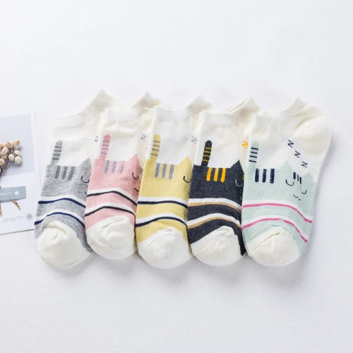 5 Pairs Women Cute Cat Socks Short Ankle Socks Cartoon Animal Kitten
