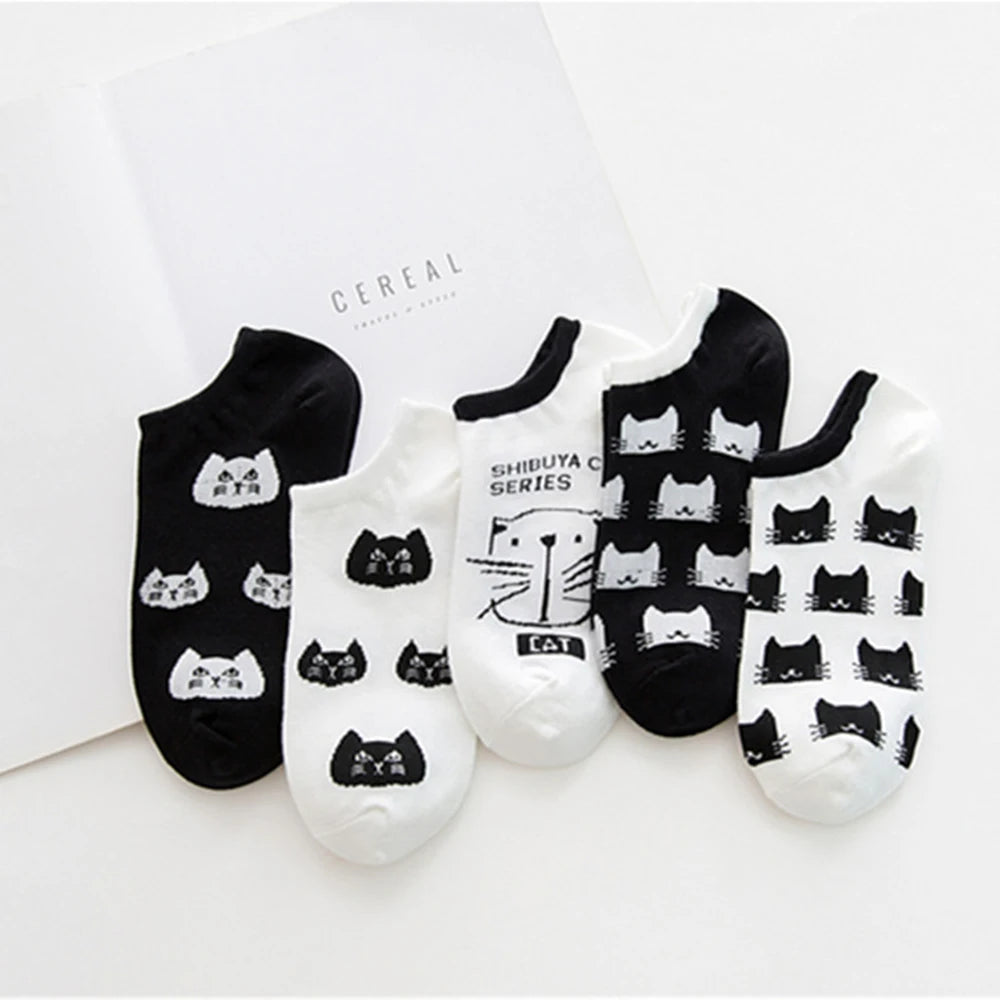 5 Pairs Women Cute Cat Socks Short Ankle Socks Cartoon Animal Kitten