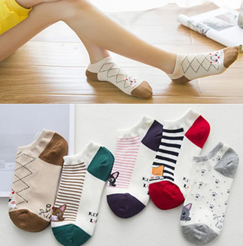 5 Pairs Women Cute Cat Socks Short Ankle Socks Cartoon Animal Kitten