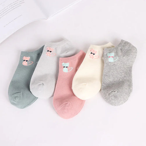 5 Pairs Women Cute Cat Socks Short Ankle Socks Cartoon Animal Kitten