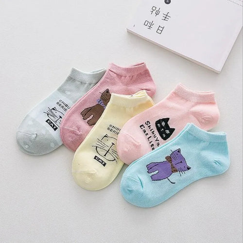 5 Pairs Women Cute Cat Socks Short Ankle Socks Cartoon Animal Kitten