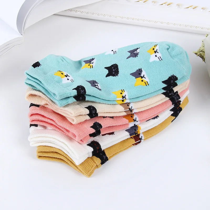 5 Pairs Women Cute Cat Socks Short Ankle Socks Cartoon Animal Kitten